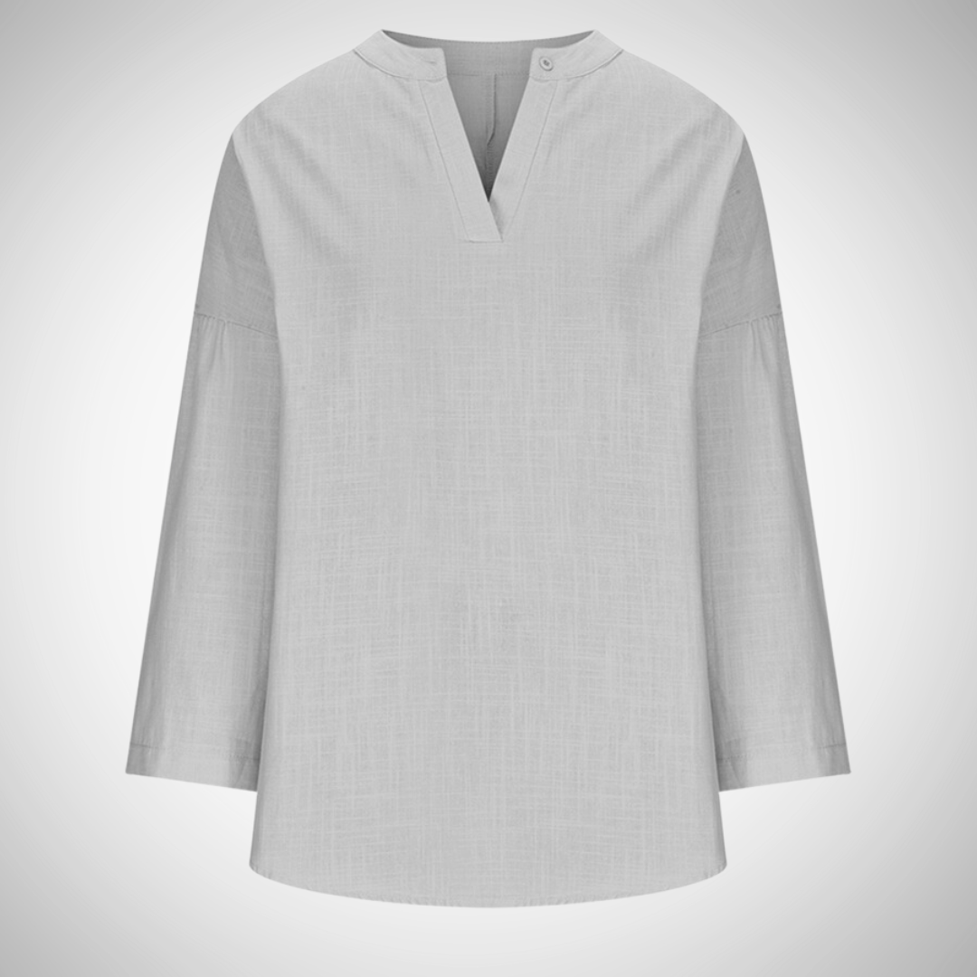 Camicia donna estiva a maniche lunghe versatili, scollo a V. Abbigliamento casual e comodo per la stagione calda.