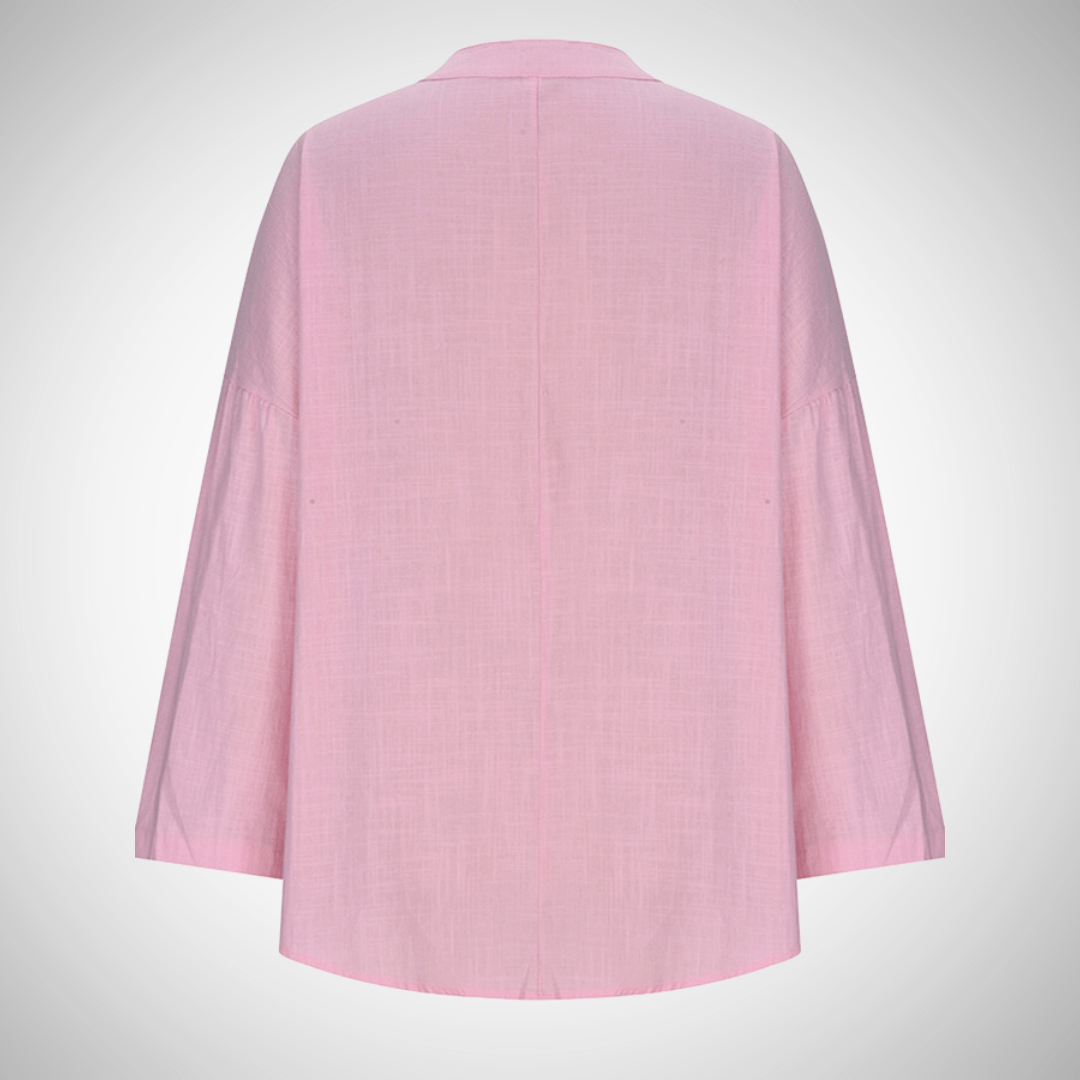 Blouse estiva multicolore per donna, scollo a V e maniche regolabili. Perfetta per un look fresco e disinvolto.