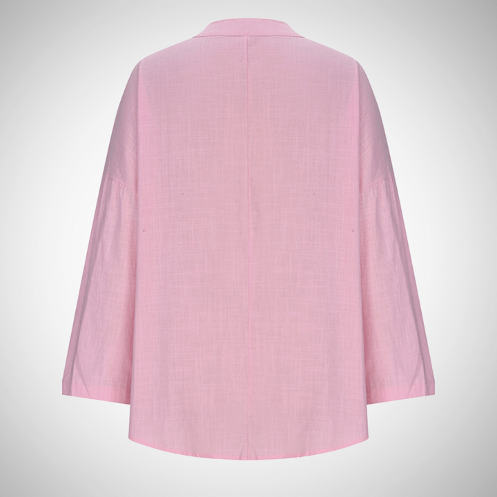 Blouse estiva multicolore per donna, scollo a V e maniche regolabili. Perfetta per un look fresco e disinvolto.