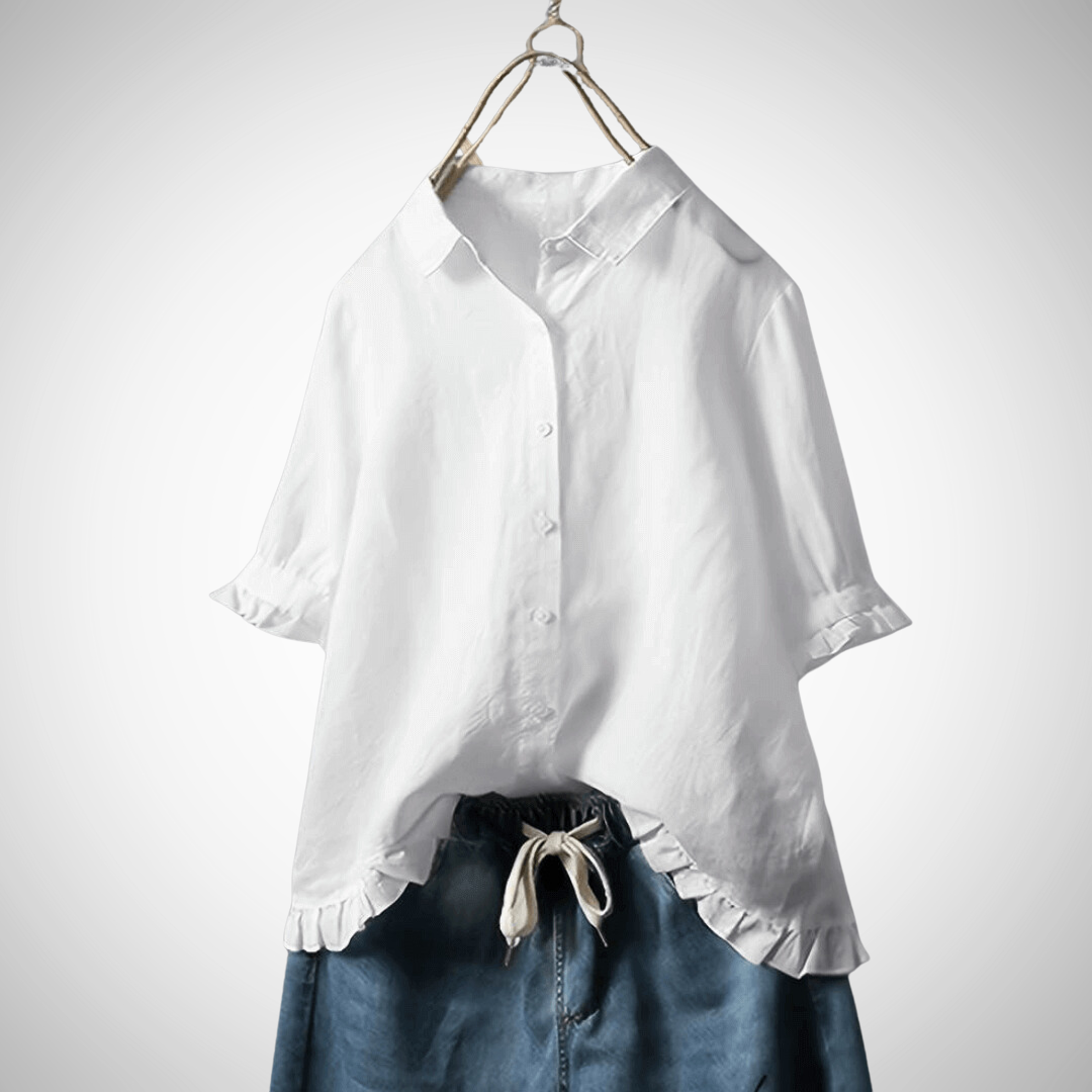 Camicia donna senape in cotone, maniche corte. Perfetta per un guardaroba estivo casual e contemporaneo.