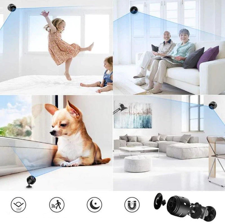 Telecamera di sicurezza WiFi 1080P con audio bidirezionale, ideale per monitoraggio di casa o ufficio giorno e notte.