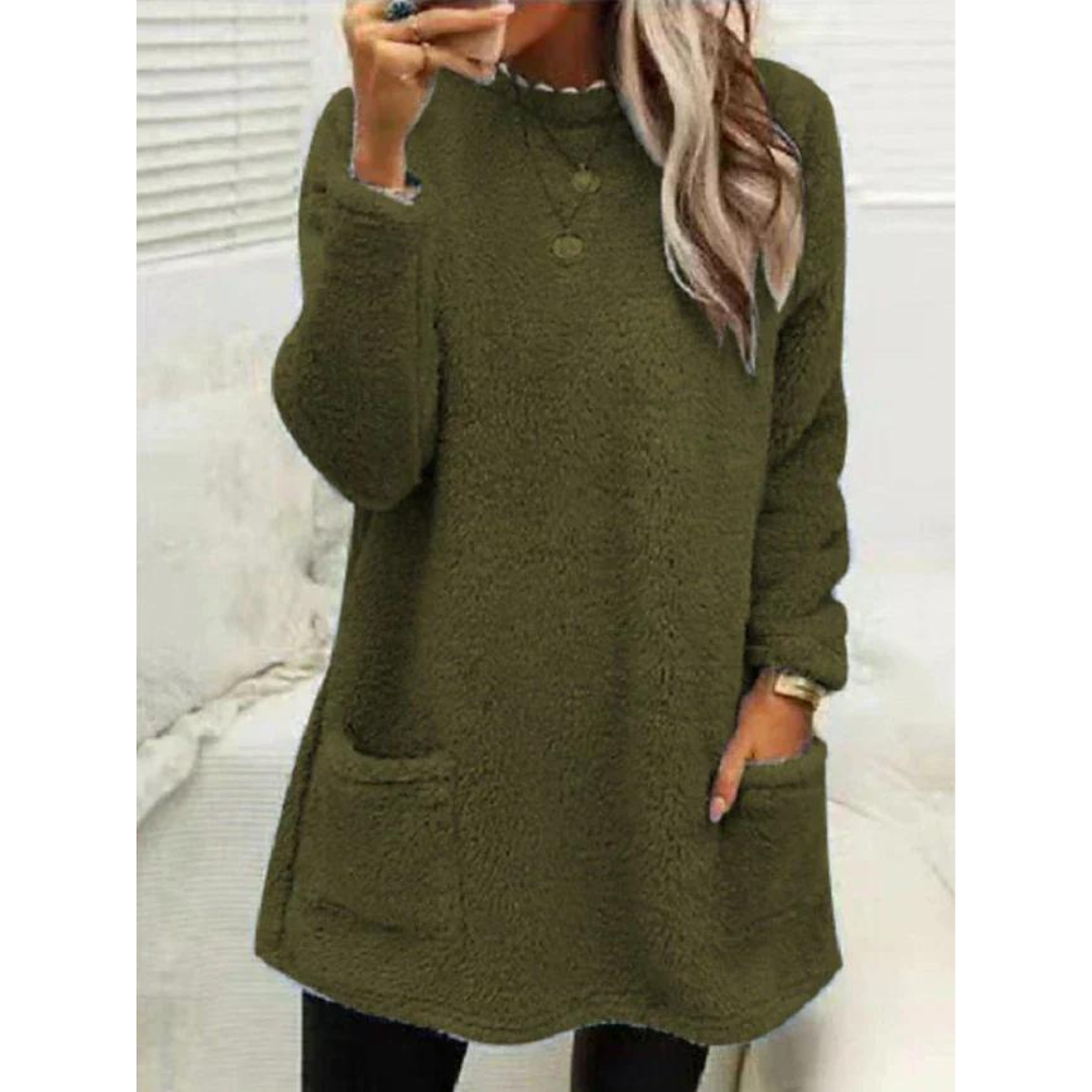 Maglione oversize da donna in stile teddy, accogliente e comodo con tasche, perfetto per l'autunno.