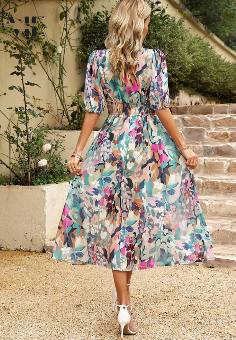 Abito midi estivo floreale da donna con maniche corte, perfetto per cerimonia.
