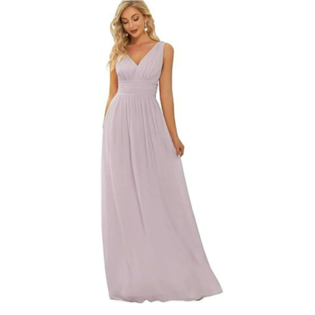 Vestito donna maxi elegante scollo a V senza maniche, perfetto per cerimonie e serate primavera/estate.