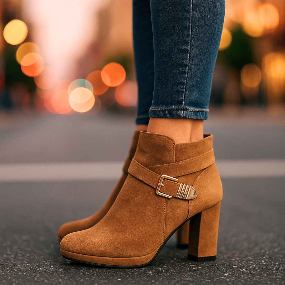 Stivaletti autunnali da donna con tacco. Calzature perfette per la stagione, con fascia e fibbia oro per un tocco di moda.