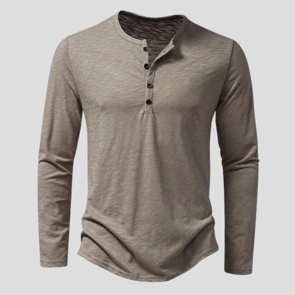 Camicia Henley uomo in cotone a maniche lunghe, chiusura a bottoni, ideale per un look versatile.