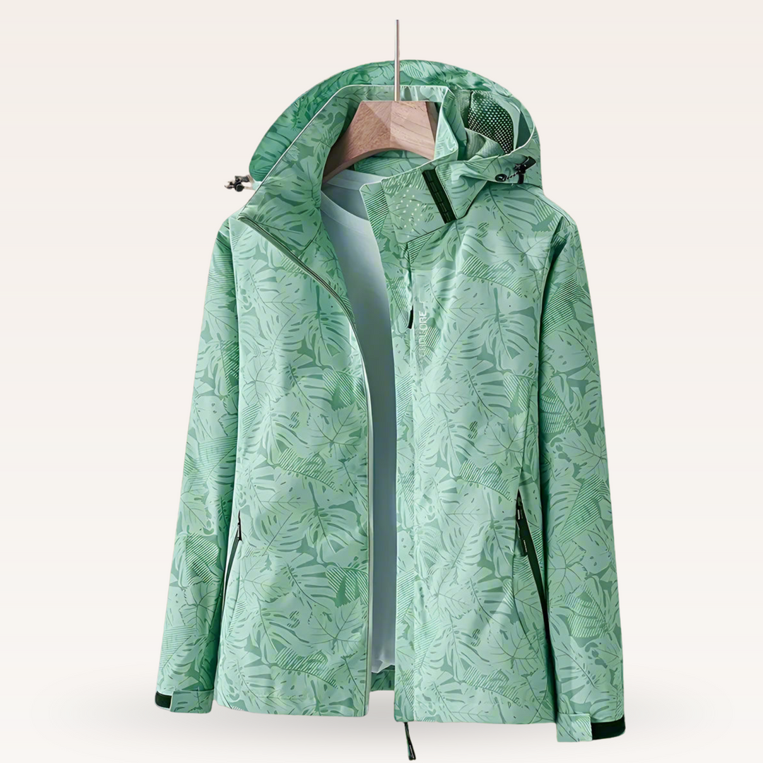 Giacca leggera donna estiva/primaverile con fantasia foglie, antivento e traspirante per attività outdoor.