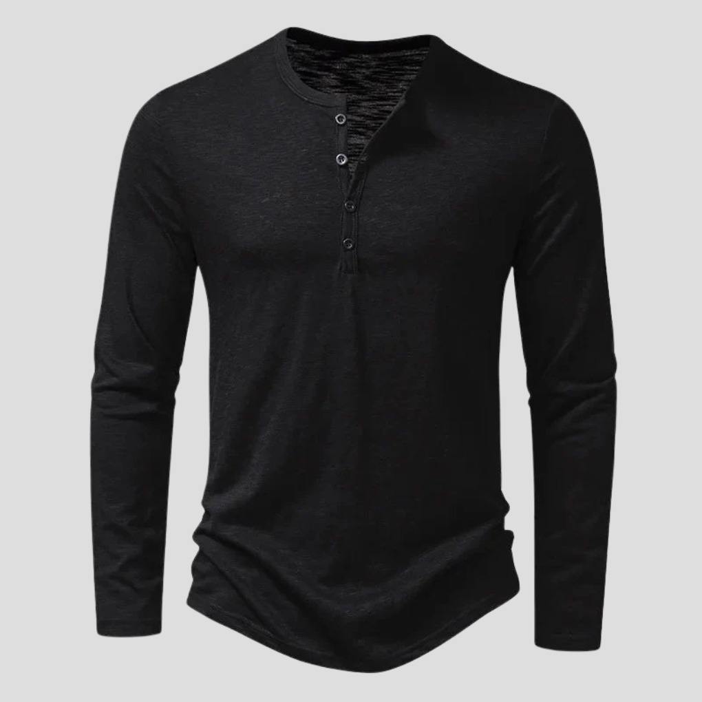 Camicia Henley uomo a maniche lunghe, versatile per estate/inverno, comfort e stile casual chic.