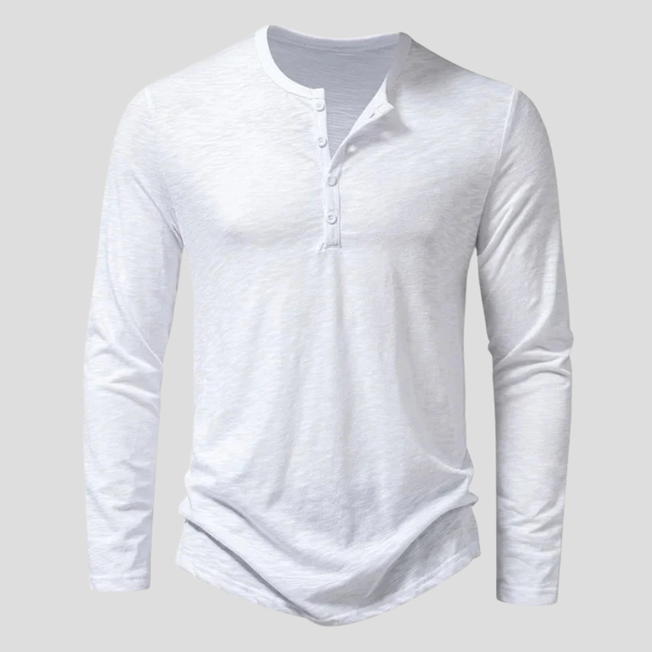 Camicia Henley da uomo, maniche lunghe, design versatile per abbigliamento maschile casual ed elegante.
