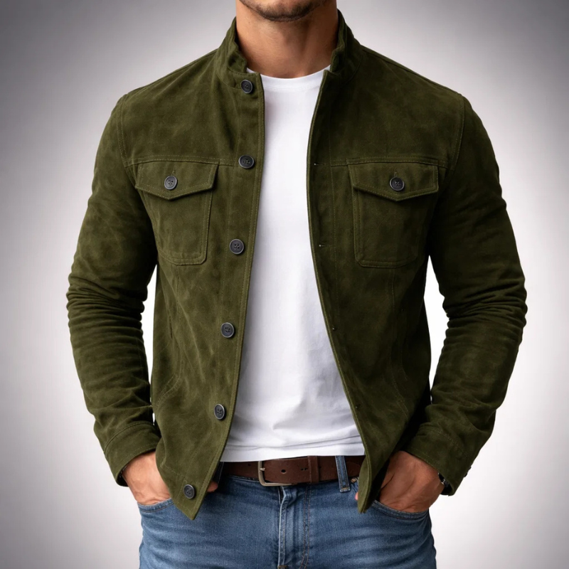 Overshirt uomo effetto scamosciato, versatile camicia giacca casual con tasche sul petto. Stile moderno.