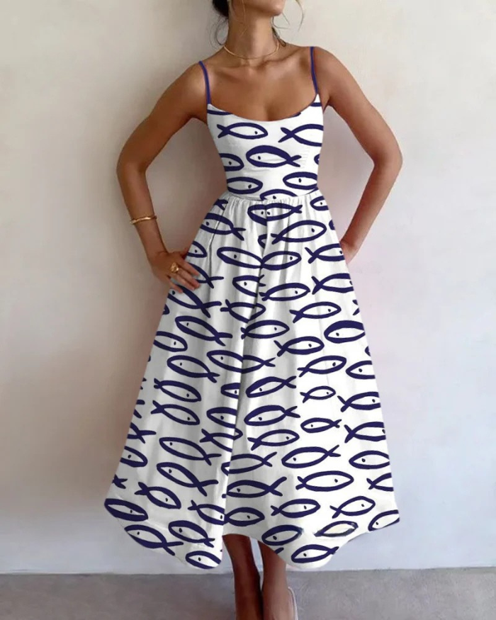 Abito midi donna con stampa astratta di pesci, ideale per look da cerimonia estiva, un capo di moda.