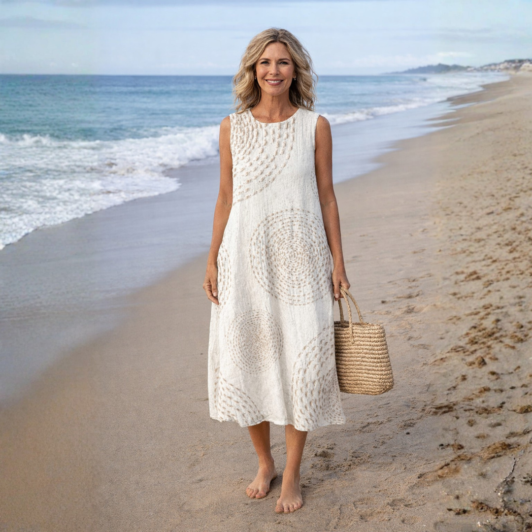 Abito midi donna stampato stile retrò, senza maniche. Vestito estivo elegante e comodo per primavera estate.