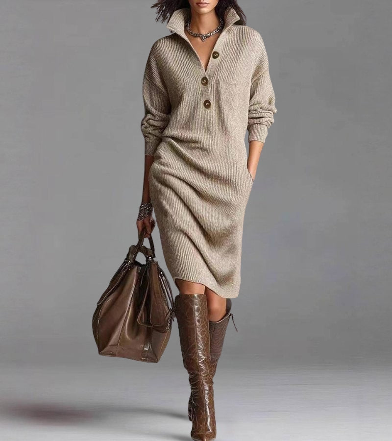 Abito invernale midi donna elegante con colletto, bottoni e pratiche tasche. Perfetto per la moda inverno casual chic.