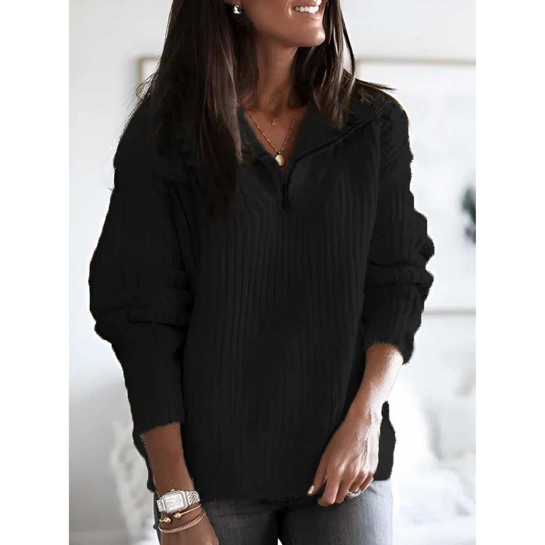 Maglione donna elegante nero con cerniera, perfetto per abbigliamento invernale. Caldo, alla moda e versatile.