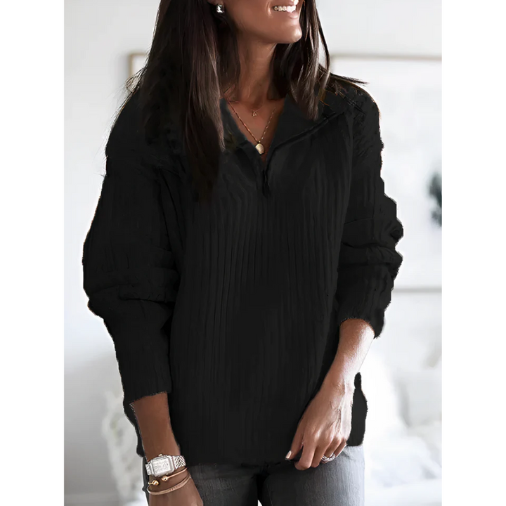 Maglione donna elegante nero con cerniera, perfetto per abbigliamento invernale. Caldo, alla moda e versatile.