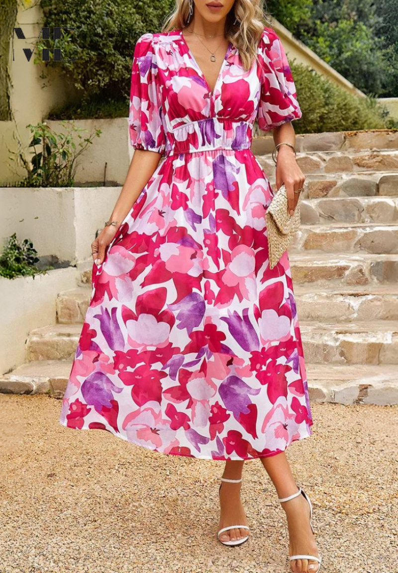 Vestito estivo donna midi floreale, scollo a V, ideale per ogni cerimonia.