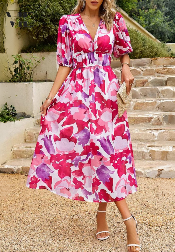 Vestito estivo donna midi floreale, scollo a V, ideale per ogni cerimonia.