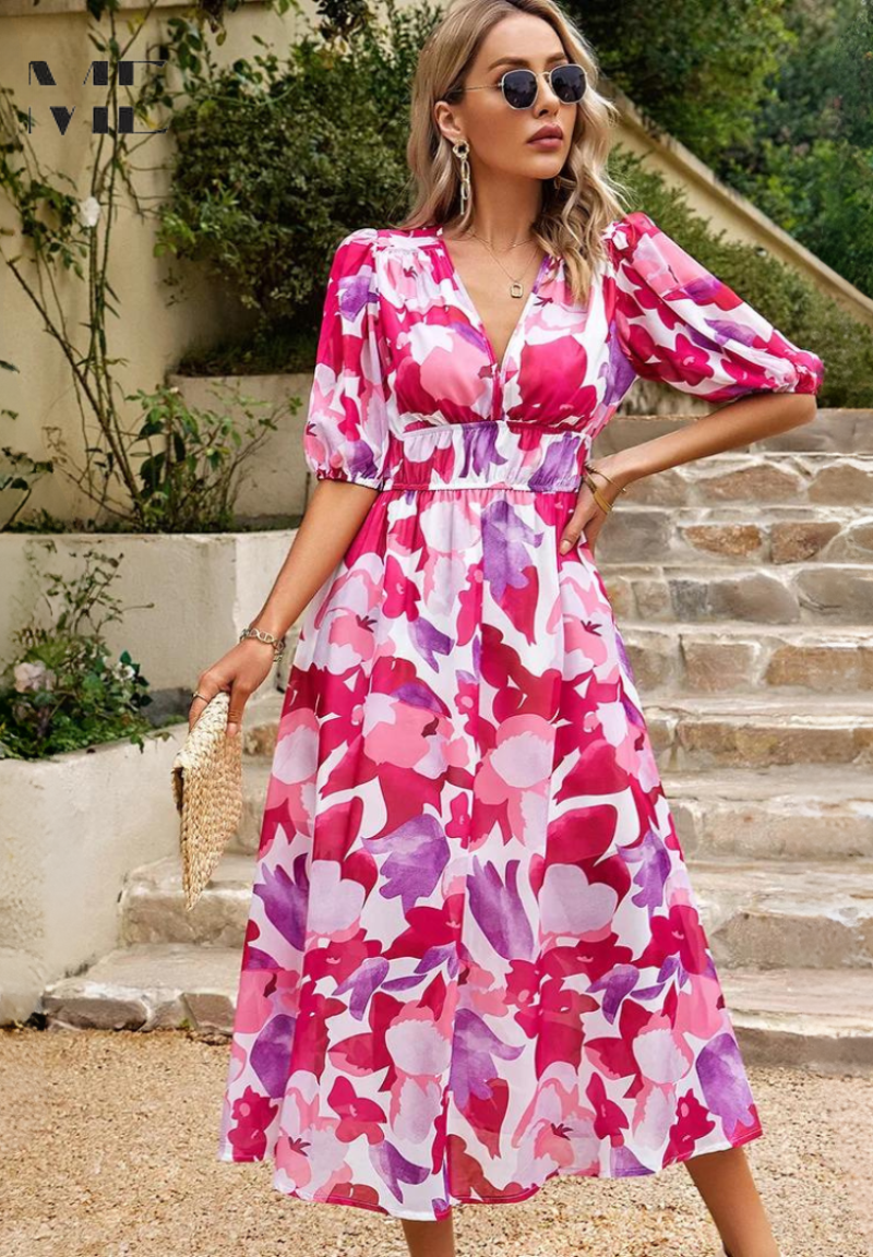 Vestito elegante estivo midi floreale, scollo a V, per donna, ideale per feste.