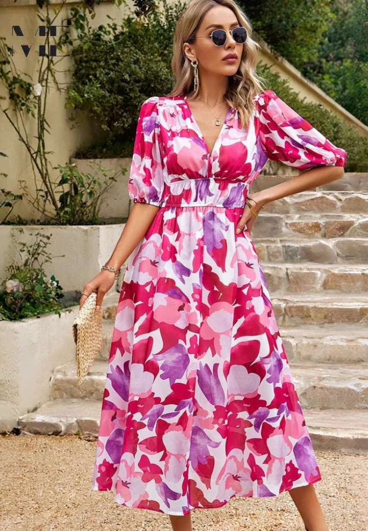 Vestito elegante estivo midi floreale, scollo a V, per donna, ideale per feste.
