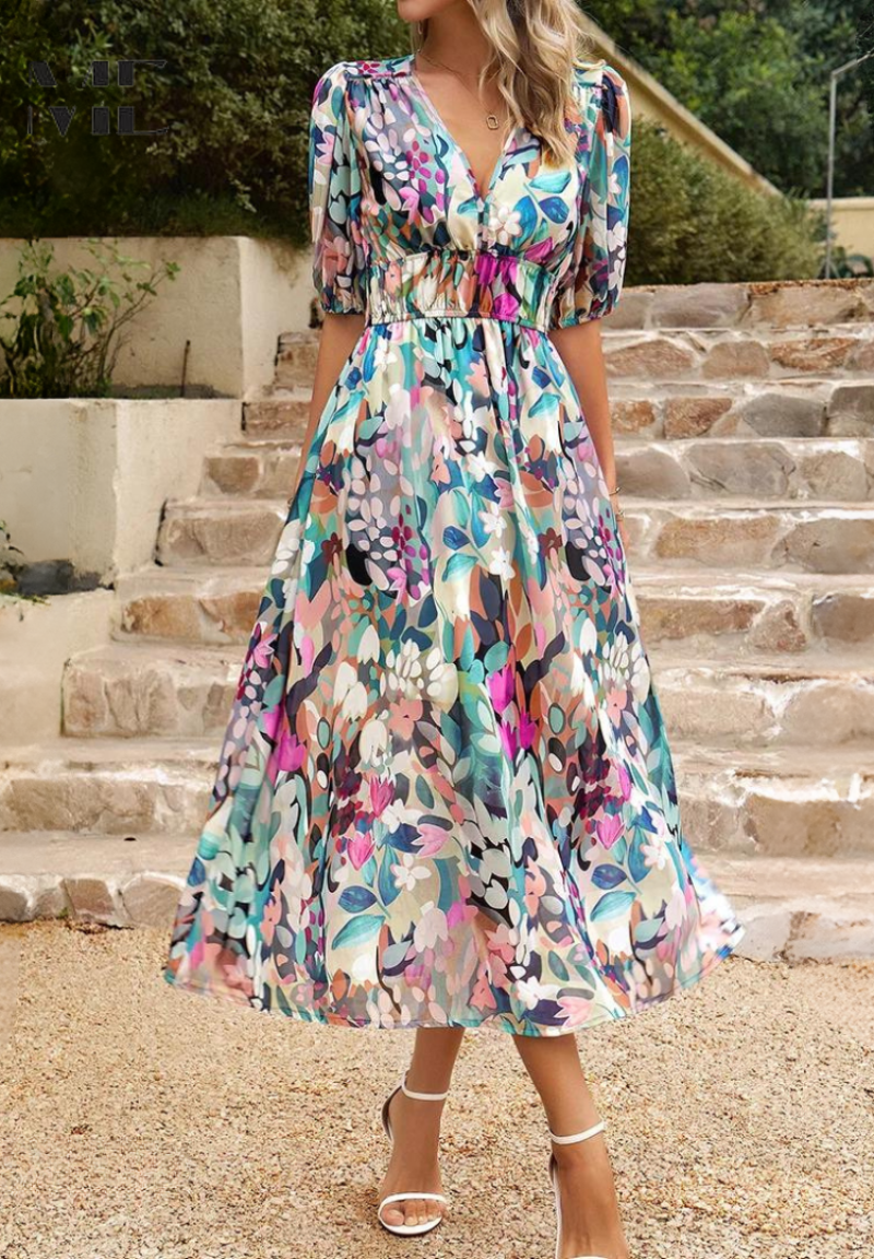 Vestito elegante midi floreale con scollo a V per party e cocktail estivi.