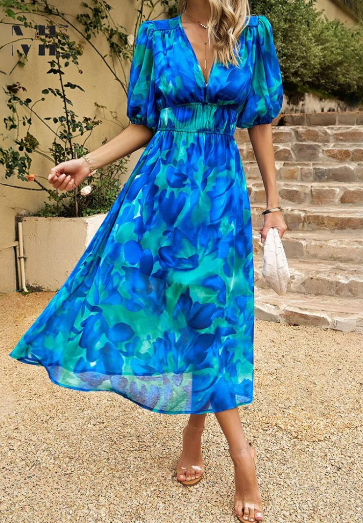 Elegante vestito midi floreale donna, scollo a V, maniche corte per l'estate.