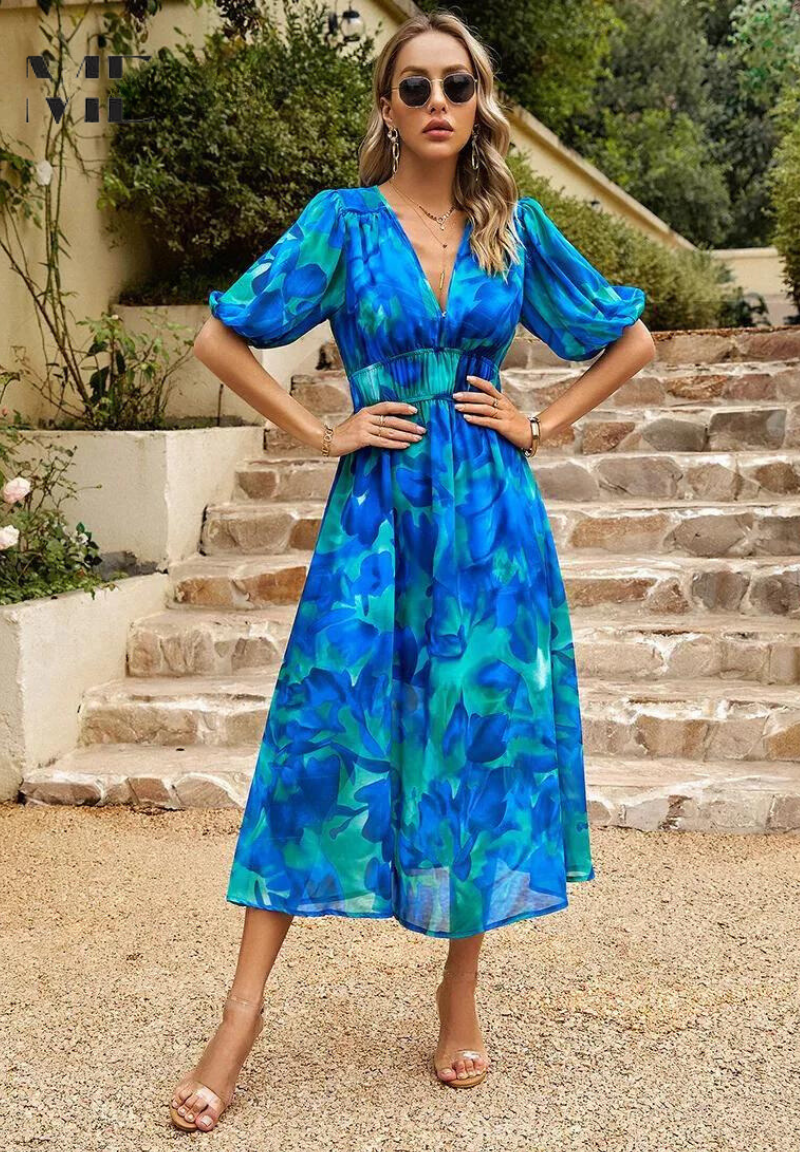 Vestito midi floreale da donna con scollo a V, eleganza estiva per occasioni speciali.
