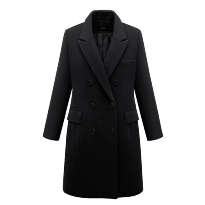 Elegante cappotto invernale lungo da donna doppiopetto. Caldo e chic, disponibile in nero e khaki per ogni outfit.