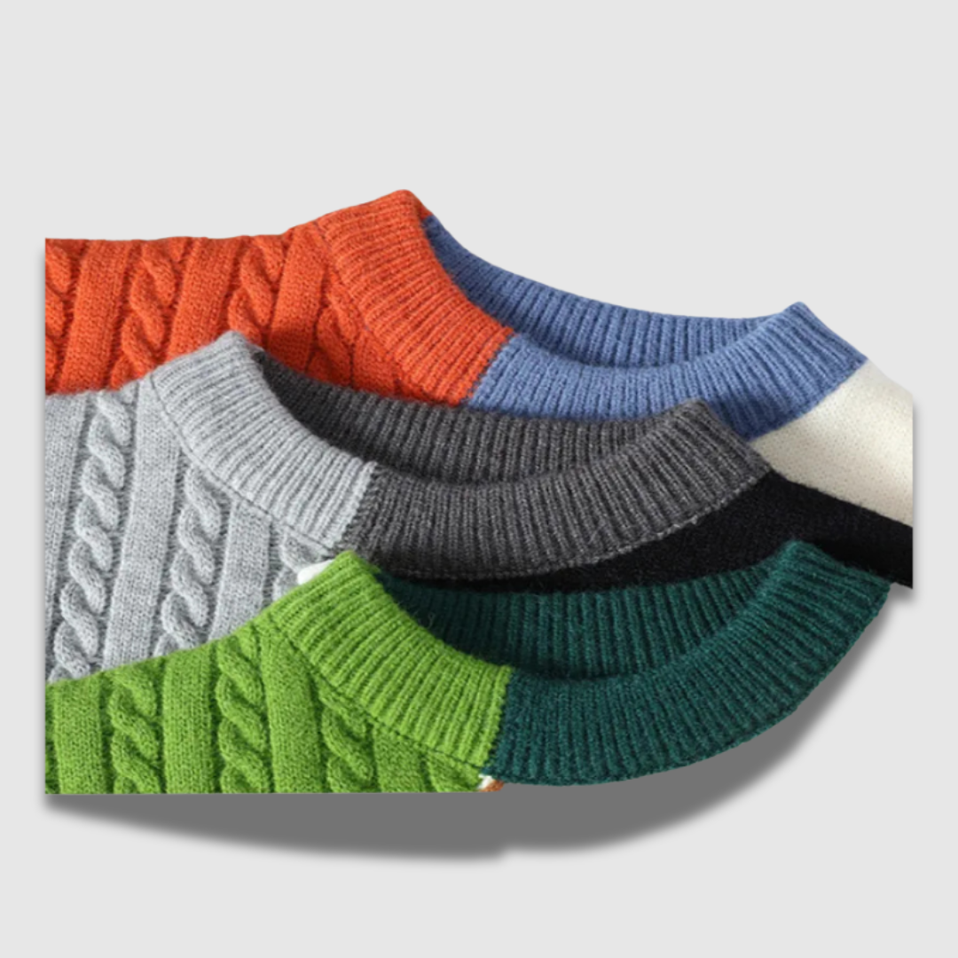 Abbigliamento uomo: maglione colorato, scollo rotondo, fantasia vivace. Ideale per un look casual elegante.