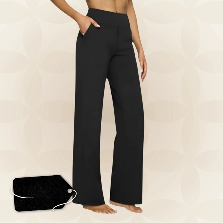 Comfort e stile: pantaloni donna elasticizzati con vita alta e gamba dritta, perfetti ogni giorno.