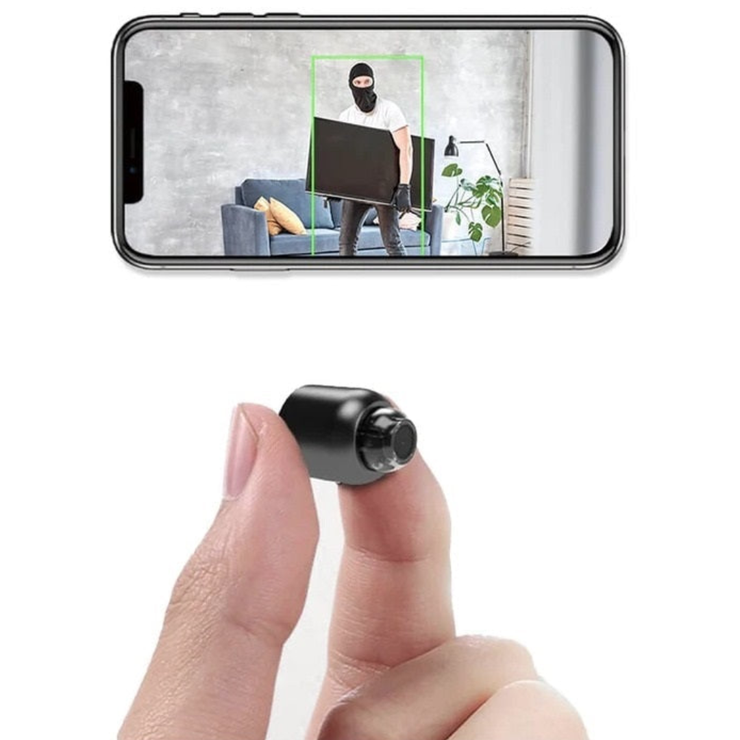 Mini telecamera WiFi HD 1080P per sicurezza casa, con visione notturna e rilevamento movimento.
