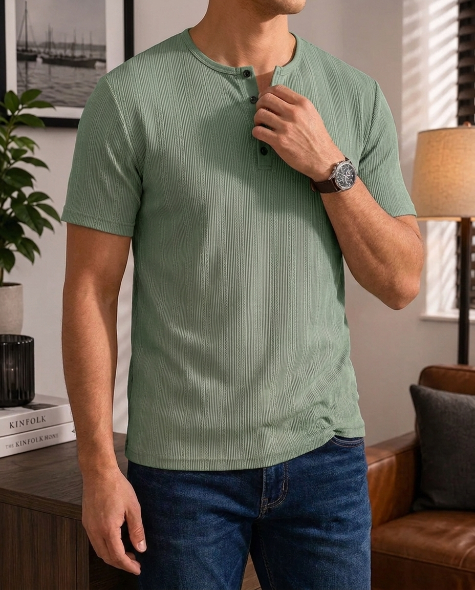Henley uomo grigia a righe sottili, manica corta. Look casual per primavera estate, abbigliamento versatile.