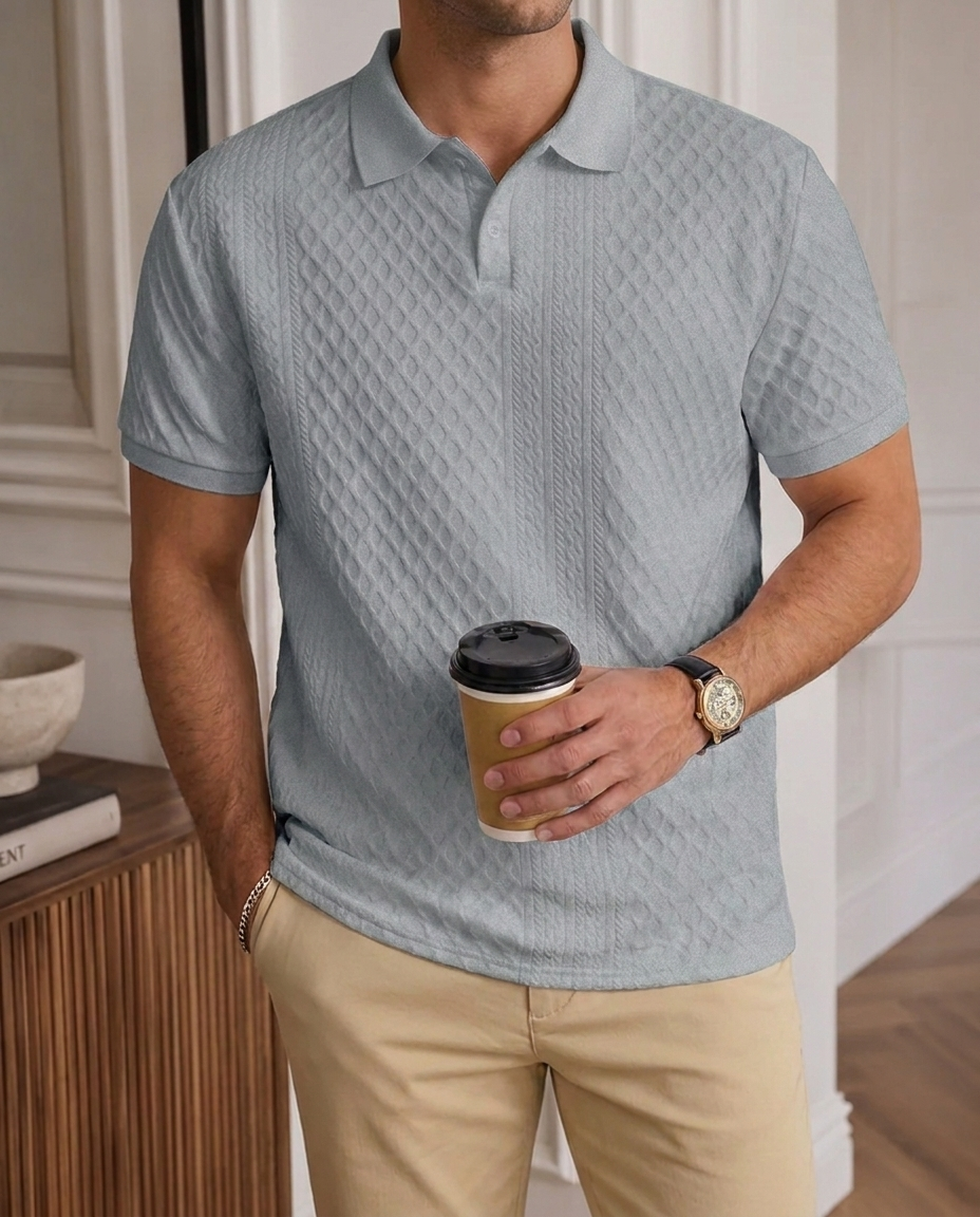 Polo uomo elegante in jacquard, manica corta, design moderno e tessuto confortevole per l'estate.