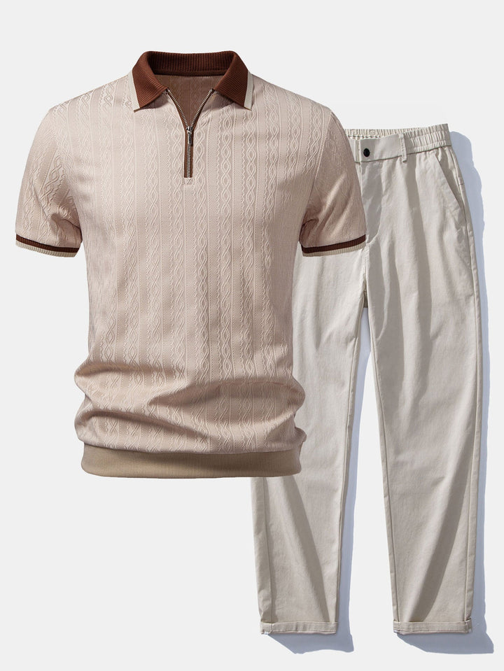 Uomo set casual-elegante, polo maniche corte e pantaloni dritti, outfit estivo versatile e confortevole.