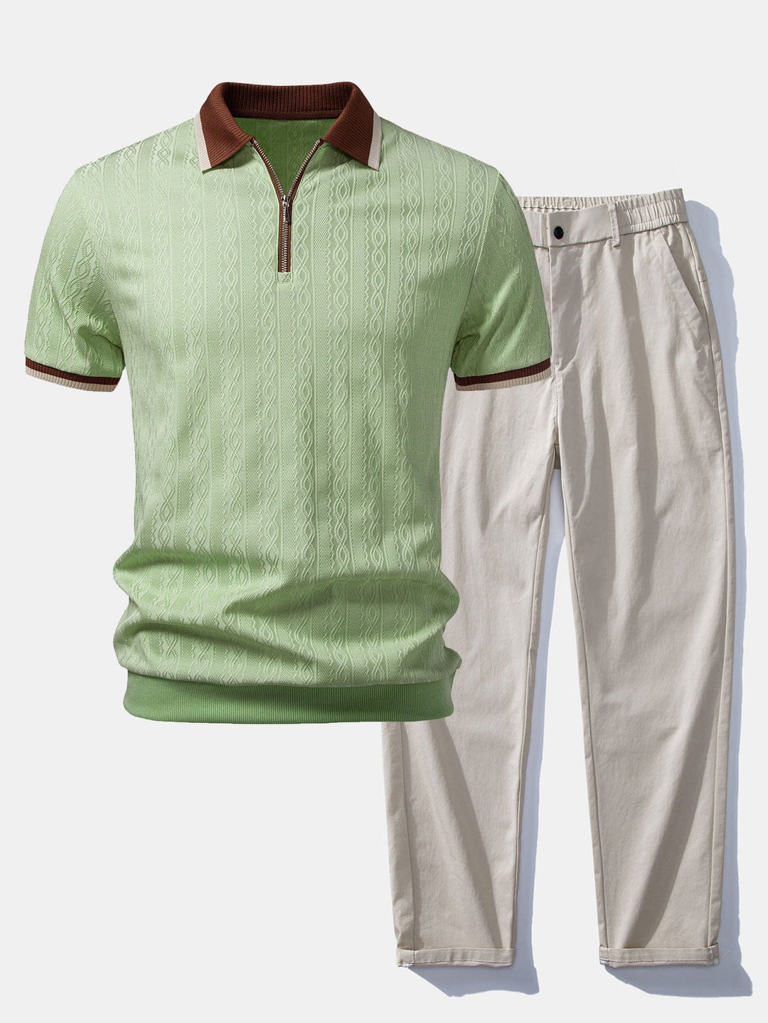 Set uomo completo: polo e pantaloni dritti, look smart-casual estivo, versatile e confortevole.