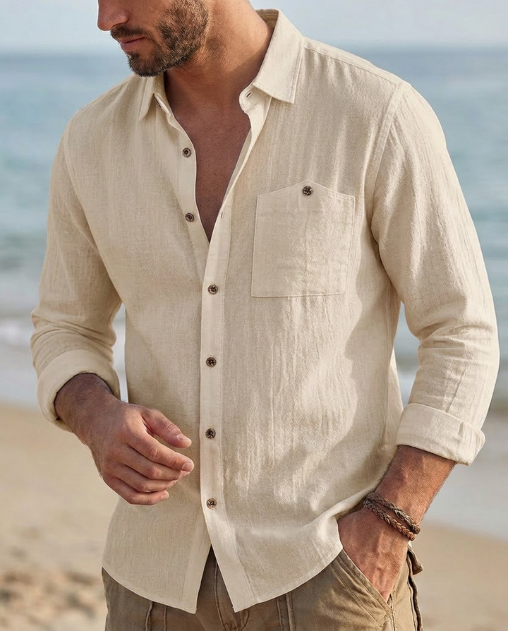 Camicia uomo in lino vintage traspirante, manica lunga. Comfort eccezionale per look casual chic in primavera/estate.