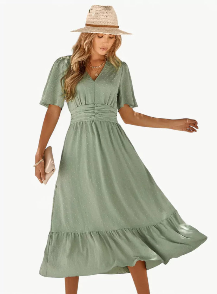 Abito donna estivo midi casual, con scollo a V, ottimo per outfit vacanze e la primavera estate.