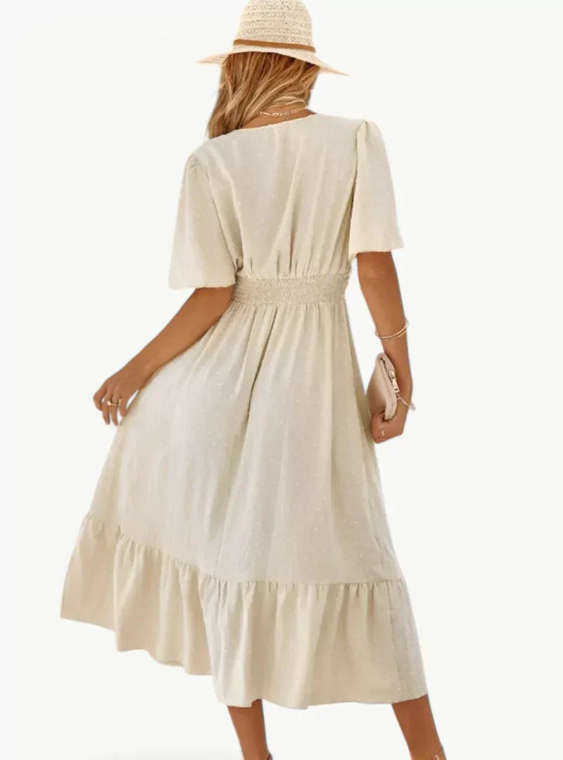 Vestito donna midi elegante e casual con scollo a V, ideale per moda estiva e outfit versatili.