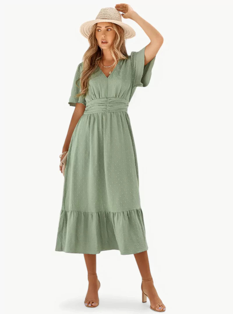 Abito estivo donna midi con scollo a V che slancia la vita, vestito casual elegante per l'estate.