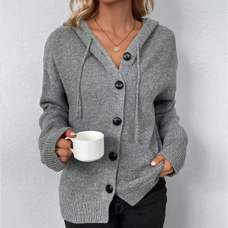 Cardigan donna con cappuccio Vega, stile casual, aperto, perfetto per comfort quotidiano e moda versatile.