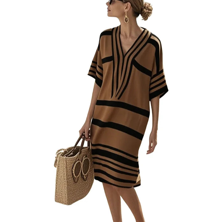 Eleganza casual: abito a righe midi da donna, fluido e confortevole. Vestito estivo con scollo a V.
