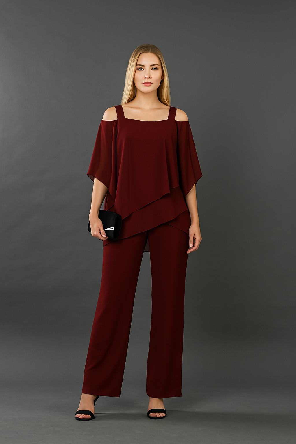 Completo elegante donna: blusa sofisticata e pantaloni larghi. Perfetto per un look chic e moda femminile.