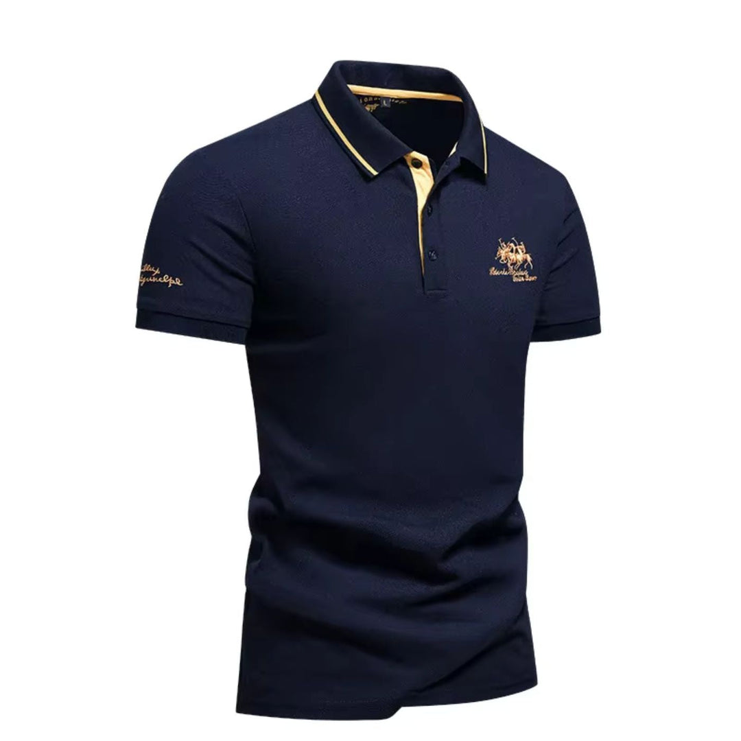 Polo casual elegante uomo in poliestere traspirante, con ricamo decorativo. Per estate e primavera.