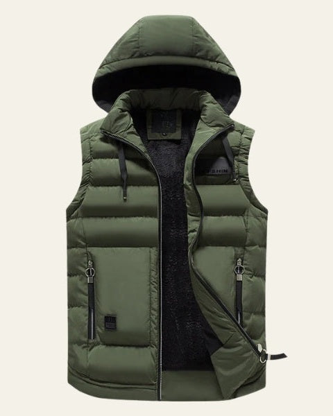 Gilet casual uomo imbottito in bordeaux, con cappuccio rimovibile. Giacca senza maniche per moda maschile e sport.