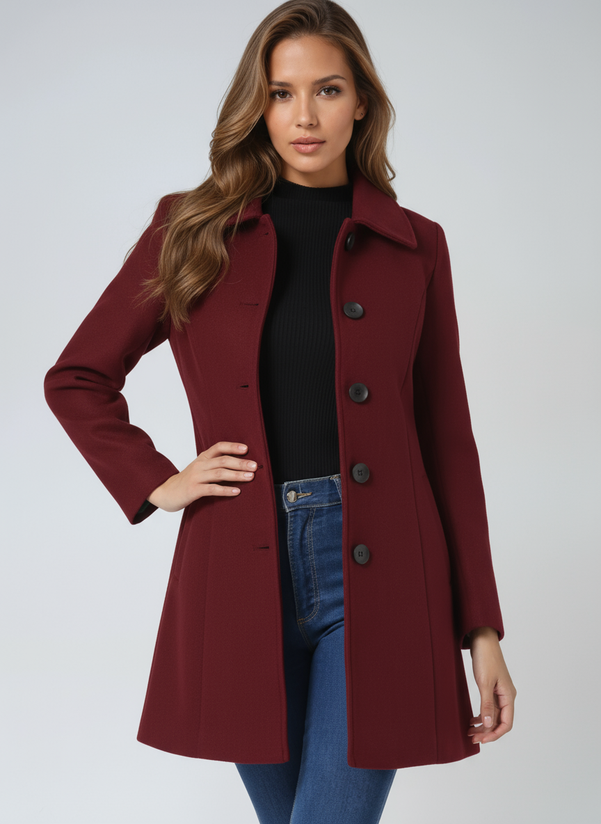 Trench donna monopetto nero, stile elegante. Cappotto invernale classico e versatile per ogni outfit femminile.
