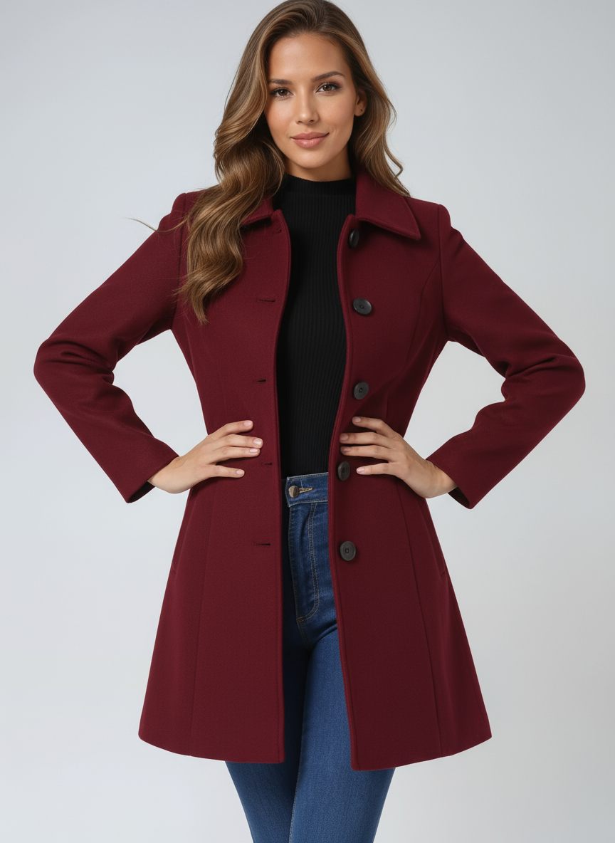 Trench donna monopetto rosso scuro, capospalla elegante invernale. Moda femminile per un look distintivo.