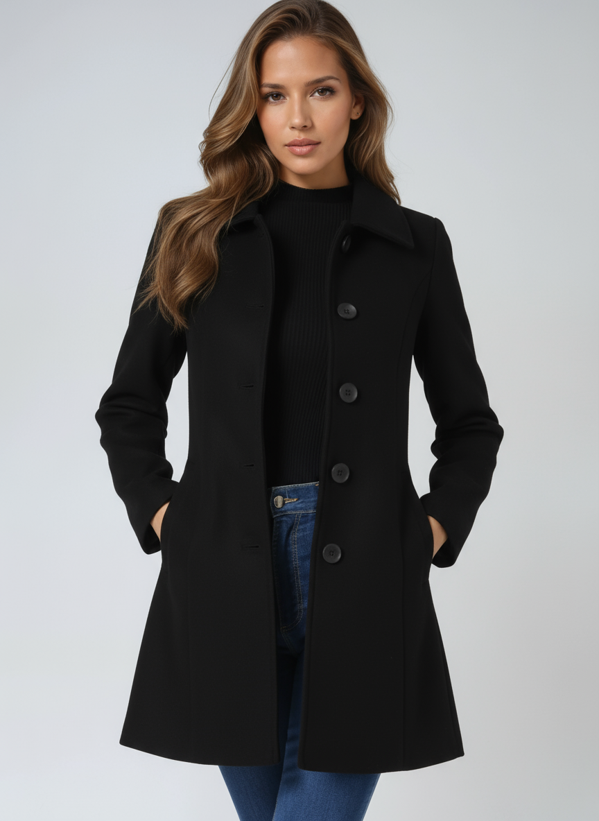 Modella indossa trench donna monopetto elegante. Cappotto invernale perfetto per abbigliamento femminile chic.