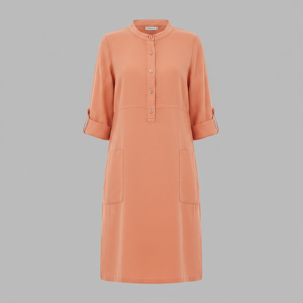 Abito midi casual da donna in tessuto confortevole, con colletto e maniche tre quarti, vestito versatile.