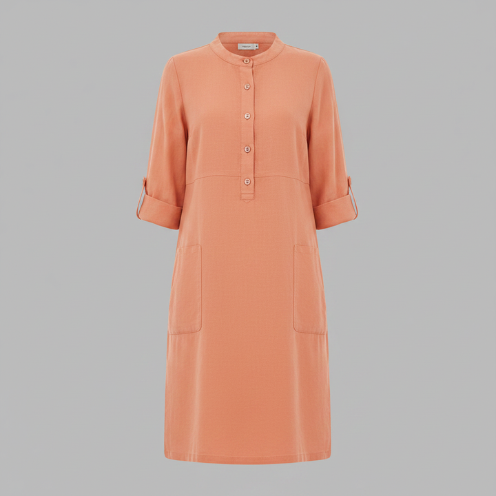 Abito midi casual da donna in tessuto confortevole, con colletto e maniche tre quarti, vestito versatile.