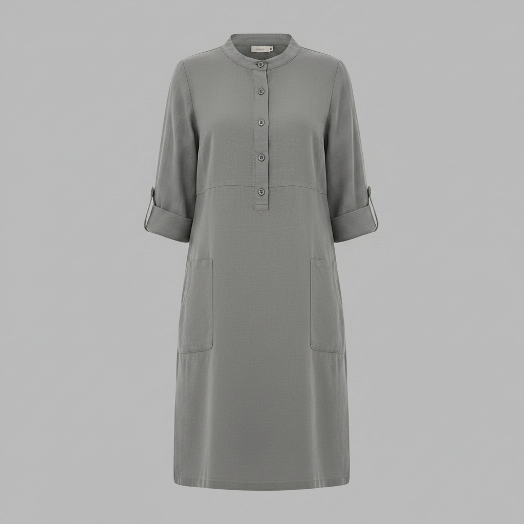 Abito midi elegante da donna con colletto e maniche tre quarti, per uno stile raffinato e casual chic.
