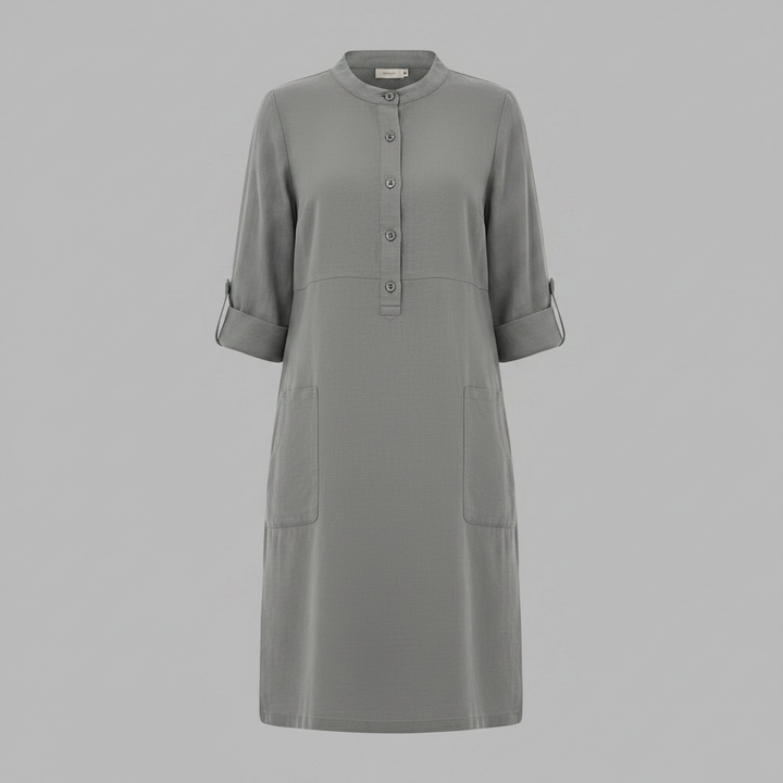 Abito midi elegante da donna con colletto e maniche tre quarti, per uno stile raffinato e casual chic.